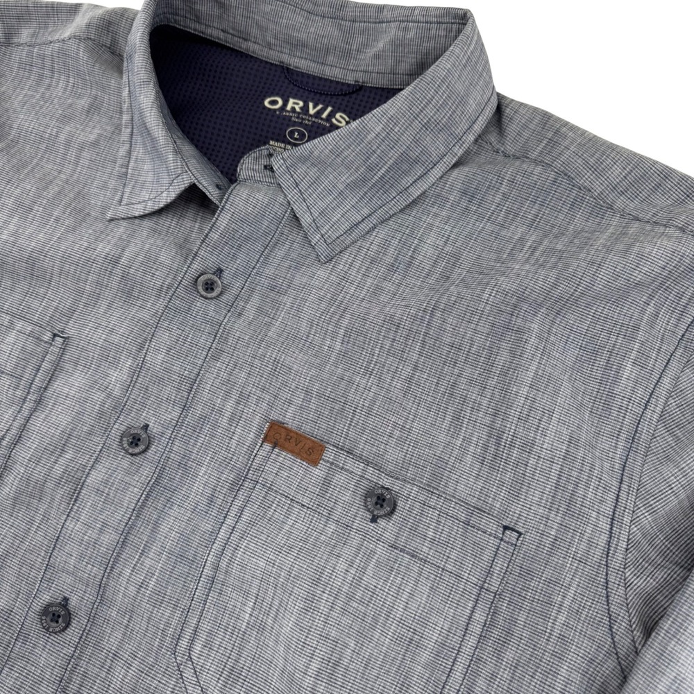 Orvis Button Down Shirt Mens L Blue Short Sleeve Performance Utility Pocket